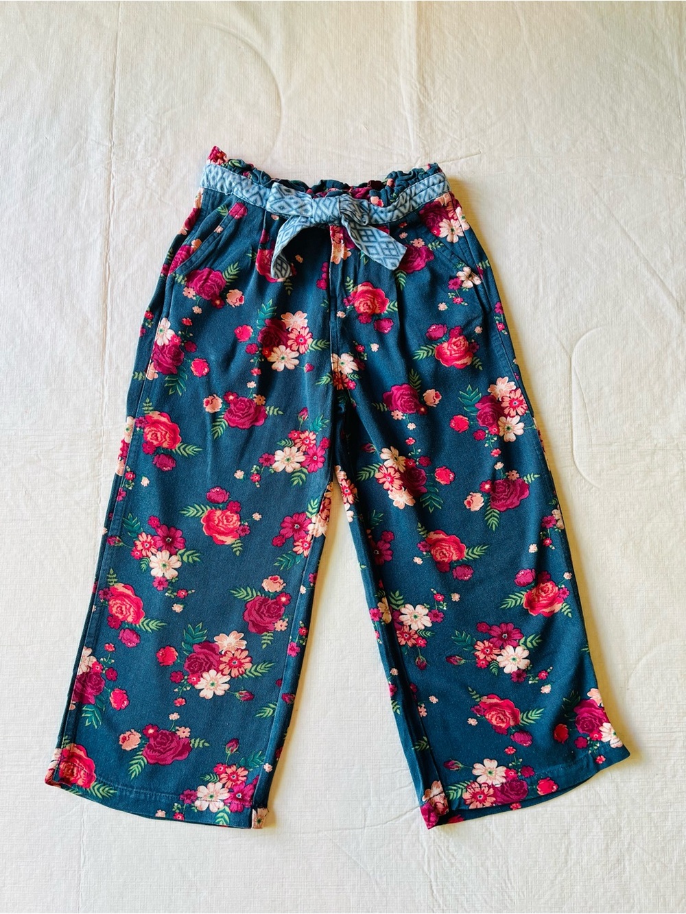 Matilda Jane navy blue, red, pink, floral bow adjustable wide leg pants